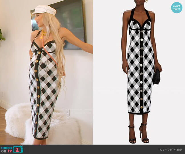 Balmain Halter Knit Gingham Midi Dress worn by Christine Quinn on Selling Sunset