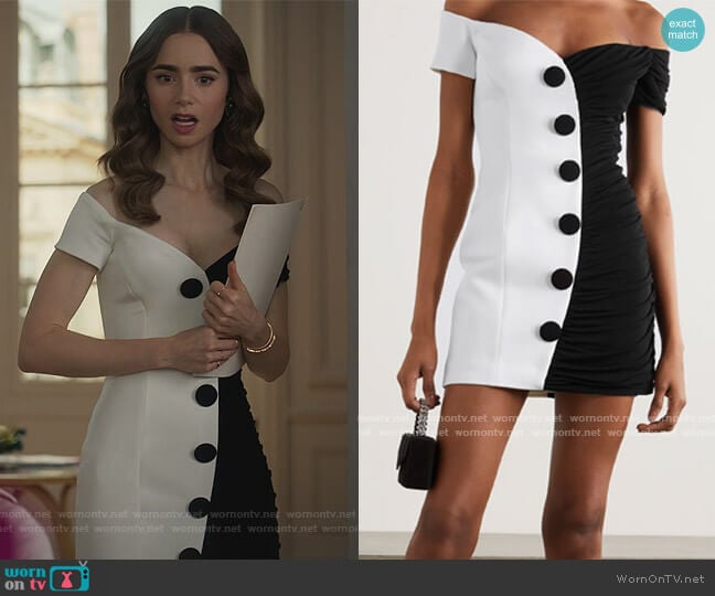 Balmain Off-the-shoulder two-tone crepe mini dress worn by Emily Cooper (Lily Collins) on Emily in Paris