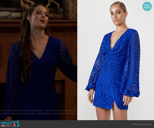 Bardot Alexa Dress in Cobalt Blue worn by Esme (Avery Kristen Pohl) on General Hospital