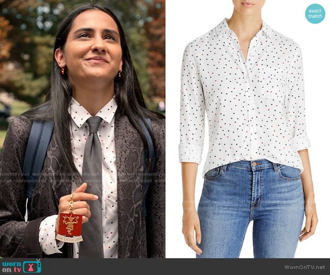 Beachlunchlounge Alanna Printed Shirt worn by Bela Malhotra (Amrit Kaur) on The Sex Lives of College Girls