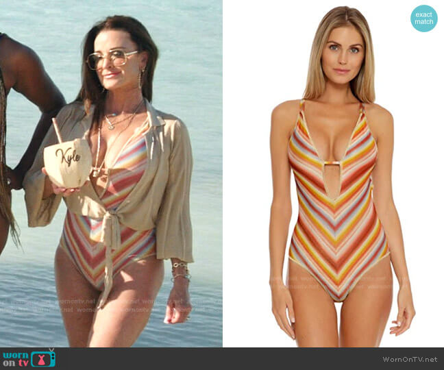 Becca by Rebecca Virtue Elizabeth Plunge One Piece Swimsuit worn by Kyle Richards on The Real Housewives Ultimate Girls Trip