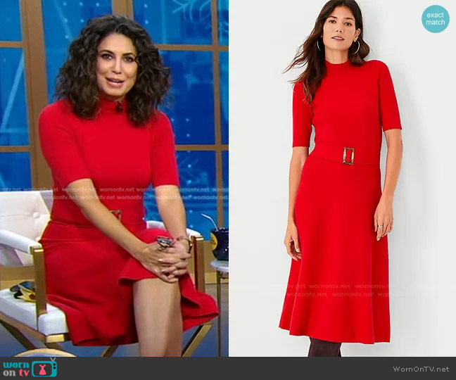 Ann Taylor Belted Mock Neck Sweater Dress worn by Cecilia Vega on Good Morning America