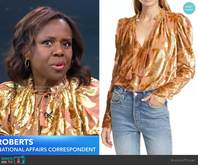 Ulla Johnson Camilla Velvet Devore Blouse worn by Deborah Roberts on Good Morning America