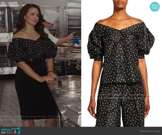 Carolina Herrera Polka Dot Off-the-Shoulder Top worn by Charlotte York (Kristin Davis) on And Just Like That