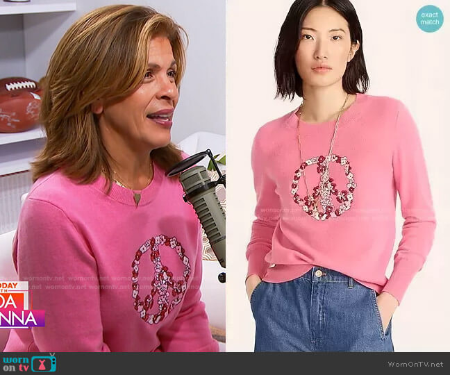 J. Crew Cashmere Crewneck Sweater with Floral Peace Embroidery worn by Hoda Kotb on Today