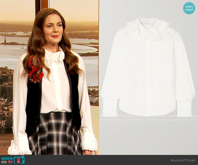 Chloe Ruffled lace-trimmed embroidered silk blouse worn by Drew Barrymore on The Drew Barrymore Show