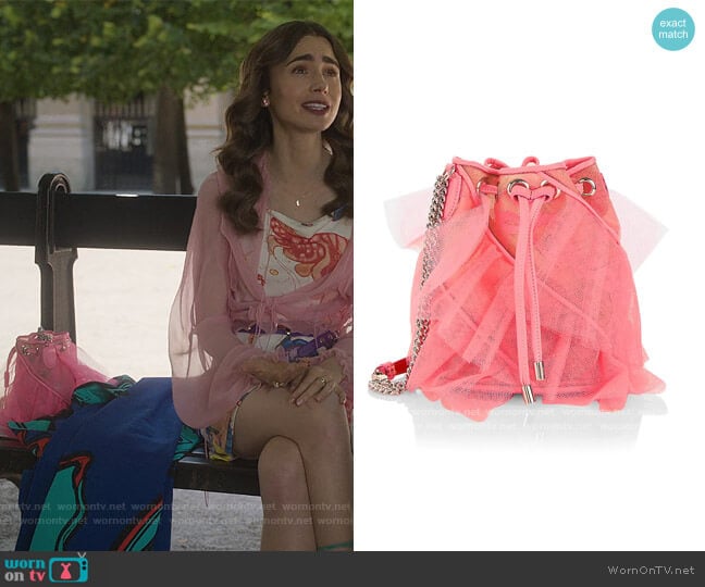 Christian Louboutin Marie Jane Tulle Bucket Bag worn by Emily Cooper (Lily Collins) on Emily in Paris