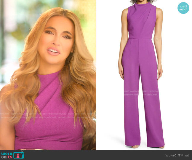 Black Halo Corrine Draped Bodice Wide Leg Jumpsuit worn by Chrishell Stause on Selling Sunset