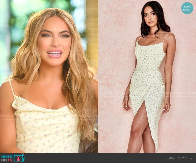House of CB Daniella Lemon Floral Balcony Corset Dress worn by Chrishell Stause on Selling Sunset