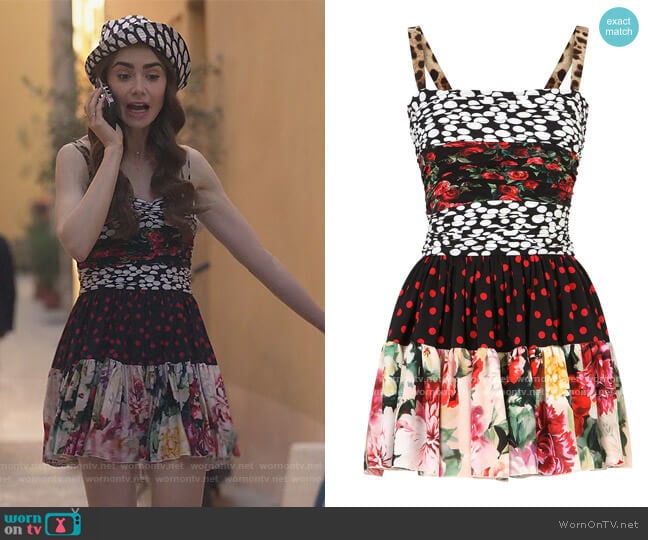 Dolce & Gabbana Patchwork Ruched Silk Minidress worn by Emily Cooper (Lily Collins) on Emily in Paris