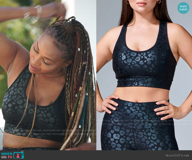 Electric Yoga Independence Cheetah Sports Bra worn by Cynthia Bailey on The Real Housewives Ultimate Girls Trip