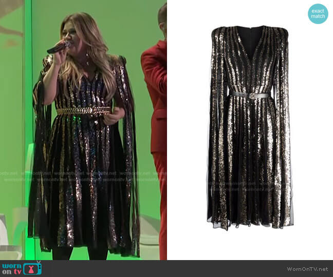 Elie Saab Striped Sequin Embellished Cape Dress worn by Kelly Clarkson on The Voice