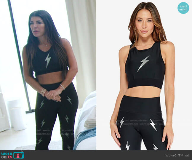 Electric Yoga Bolt Crisscross Sports Bra in Gunmetal worn by Teresa Giudice on The Real Housewives Ultimate Girls Trip
