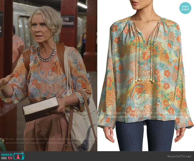 Elizabeth & James Chance Ruched-Neck Long-Sleeve Printed Silk Blouse worn by Miranda Hobbs (Cynthia Nixon) on And Just Like That