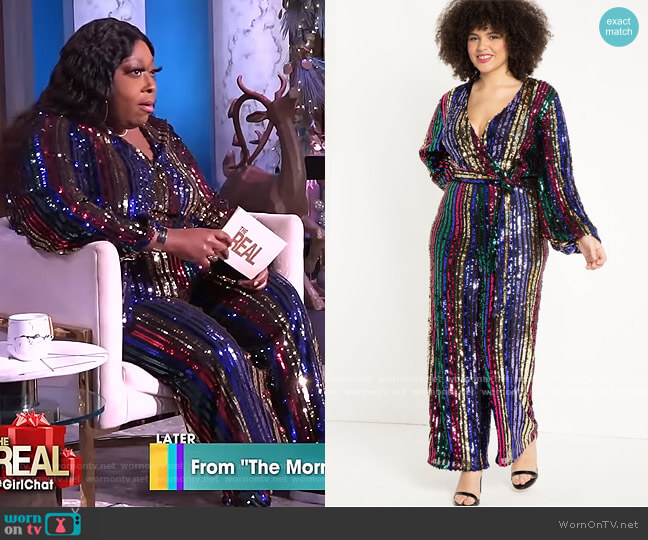 Eloquii Multicolor Stripe Sequin Jumpsuit worn by Loni Love on The Real