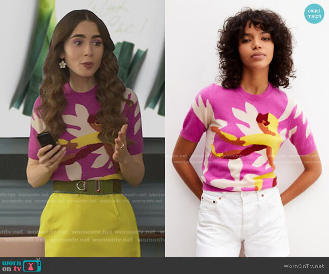 Eric Bompard Short-Sleeved Monkey Intarsia Sweater in Orchid Pink worn by Emily Cooper (Lily Collins) on Emily in Paris