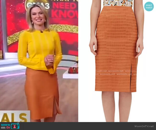 Lafayette 148 New York Esma Etched Croco Leather Skirt worn by Amy Robach on Good Morning America