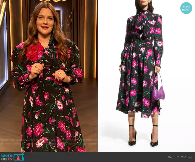 Rodarte Floral-Print Neck-Tie Silk Midi Dress w/ Lace Trim worn by Drew Barrymore on The Drew Barrymore Show