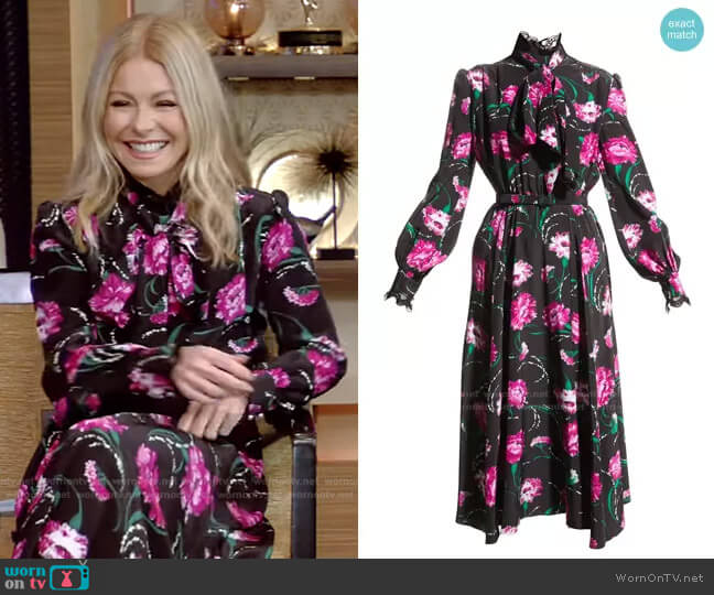 Rodarte Floral-Print Neck-Tie Silk Midi Dress with Lace Trim worn by Kelly Ripa on Live with Kelly and Mark