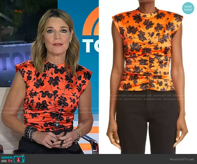 Ganni Floral Print Ruched Stretch Silk Satin Sleeveless Top worn by Savannah Guthrie on Today