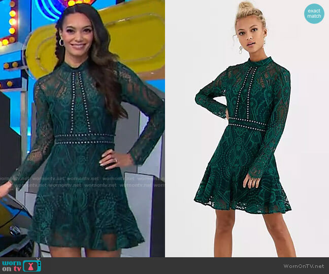 Ever New High Neck Lace Mini Dress in Teal worn by Alexis Gaube on The Price is Right