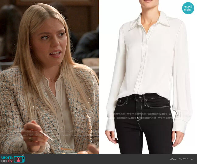 Frame 70s Contrast-Stitch Silk Button-Down Shirt worn by Leighton Murray (Reneé Rapp) on The Sex Lives of College Girls