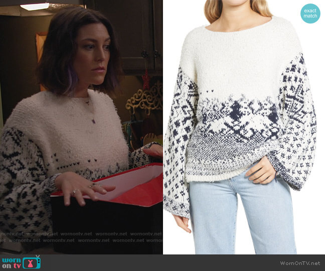Free People Midnight Beach Rib Off-the-Shoulder Sweater worn by Sarah (Caitlin McGee) on Home Economics