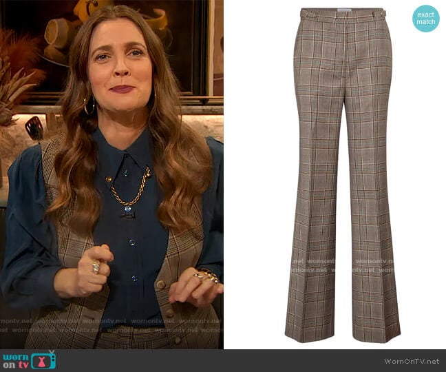 Gabriela Hearst Vesta checked wide-leg virgin wool pants worn by Drew Barrymore on The Drew Barrymore Show