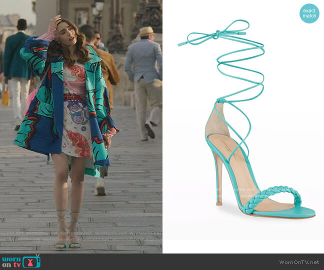 Gianvito Rossi 105mm Braided Napa Ankle-Tie Sandals worn by Emily Cooper (Lily Collins) on Emily in Paris