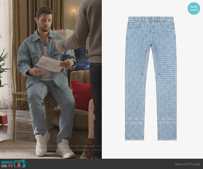 Givenchy 4G monogram denim with zips worn by Sam Flores (Rafael de la Fuente) on Dynasty