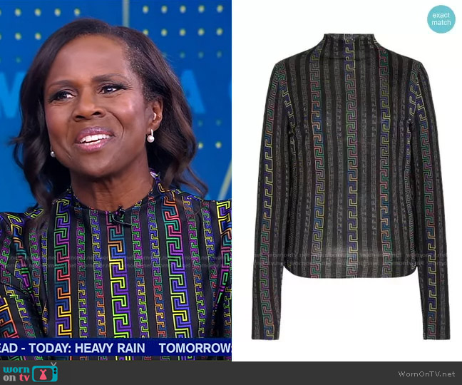 Versace Greca-Print Stretch-Cotton Sweater worn by Deborah Roberts on Good Morning America