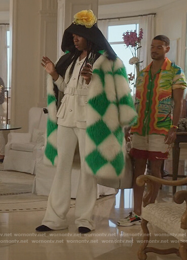 Mr Dupree’s diamond print fur coat on Emily in Paris