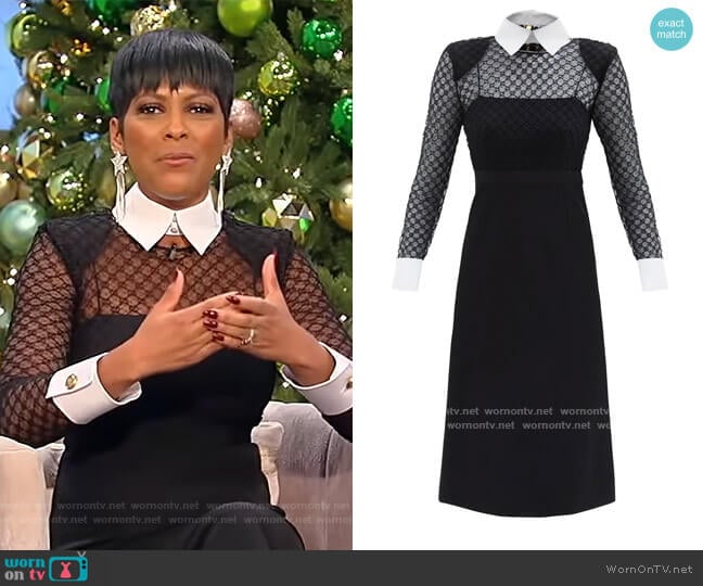 Gucci Detachable-collar GG-logo jacquard tulle dress worn by Tamron Hall on Tamron Hall Show