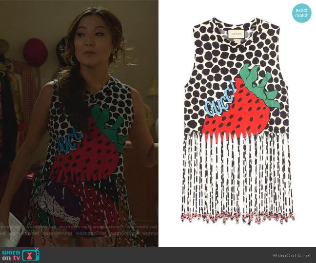 Gucci Fringe tank with Gucci Strawberry print worn by Mindy Chen (Ashley Park) on Emily in Paris