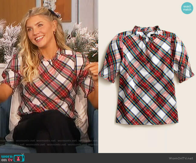 J. Crew Puff-sleeve top in Snowy Stewart tartan worn by Amanda Kloots on The Talk
