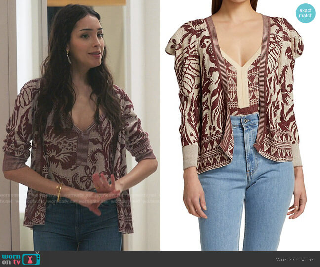 Johanna Ortiz Wine Midst Two-Piece Bodysuit & Cardigan Set worn by Luna La (Zión Moreno) on Gossip Girl