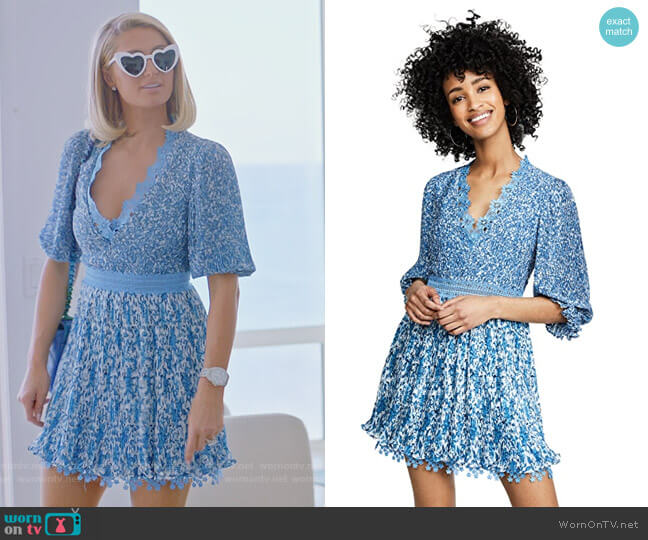 Alice + Olivia Jonna Pleated Deep V Mini Dress worn by Paris Hilton on Paris in Love