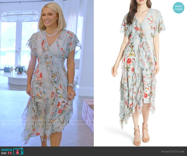 Alice + Olivia Kadence Ruffled Silk & Lace Midi Dress worn by Paris Hilton on Paris in Love