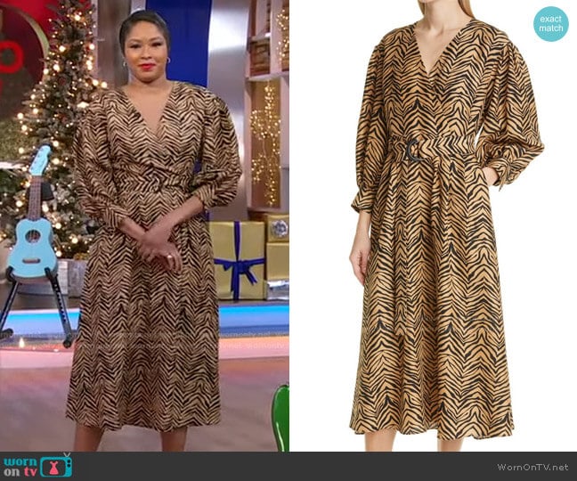 Lafayette 148 New York Faye Zebra Print Silk Shantung Midi Dress worn by Alicia Quarles on Good Morning America