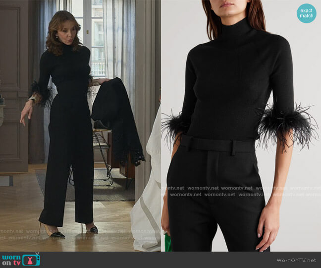 Lanvin Feather-trimmed ribbed wool and cashmere-blend sweater worn by Sylvie (Philippine Leroy-Beaulieu) on Emily in Paris