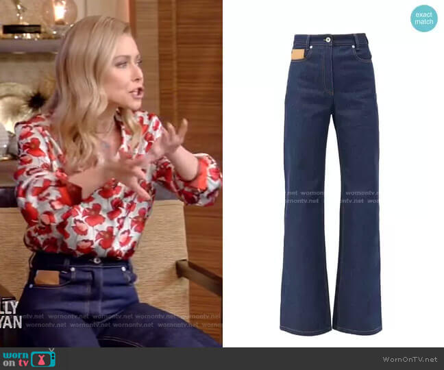Paco Rabanne Leather-Patch High-Rise Flared Jeans worn by Kelly Ripa on Live with Kelly and Mark