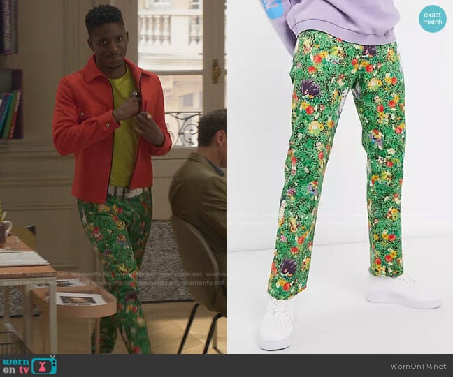 Levi's x Pokemon Authentic Straight Fit Jeans in All Over Garden Print worn by Julien (Samuel Arnold) on Emily in Paris