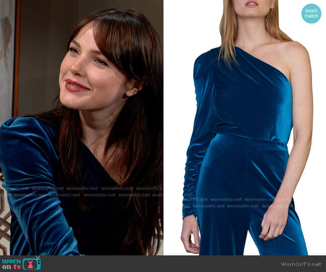 ML Monique Lhuillier Asymmetrical Long-Sleeve Velvet Top worn by Tessa Porter (Cait Fairbanks) on The Young and the Restless