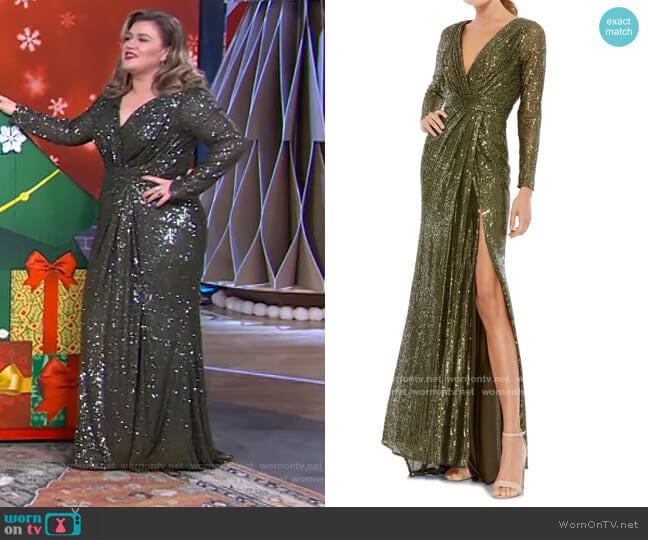 Mac Duggal Long Sleeve Sequin Faux Wrap Gown worn by Kelly Clarkson on The Kelly Clarkson Show