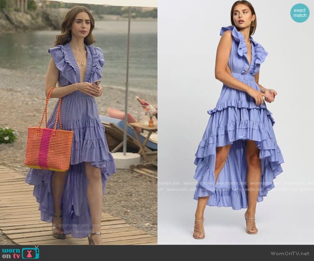 Magali Pascal Ruffled High-Low Maxi Dress worn by Emily Cooper (Lily Collins) on Emily in Paris