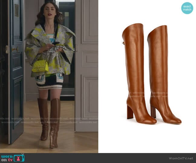 Maison Skorpios Adriana High-Heel Leather Boots worn by Emily Cooper (Lily Collins) on Emily in Paris