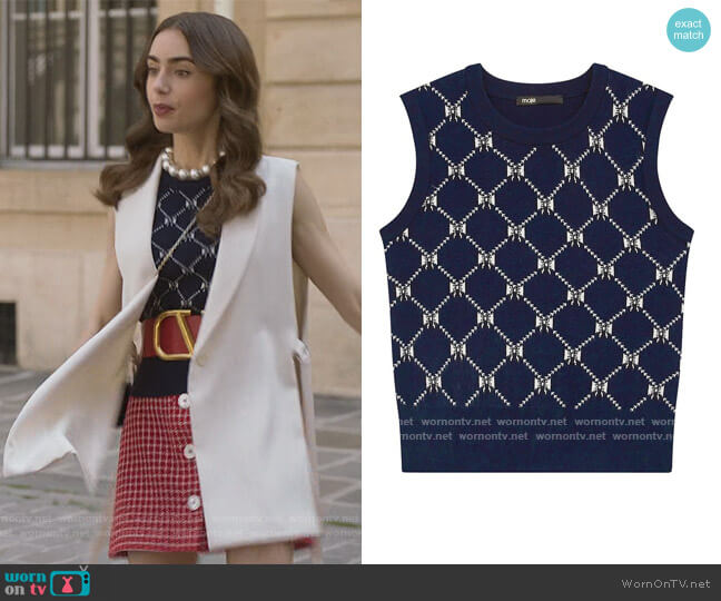 Maje Milia Jacquard Bow Knit Shell worn by Emily Cooper (Lily Collins) on Emily in Paris