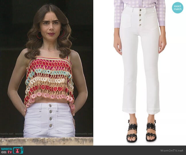 Maje Passiona High Rise Jeans in White worn by Emily Cooper (Lily Collins) on Emily in Paris