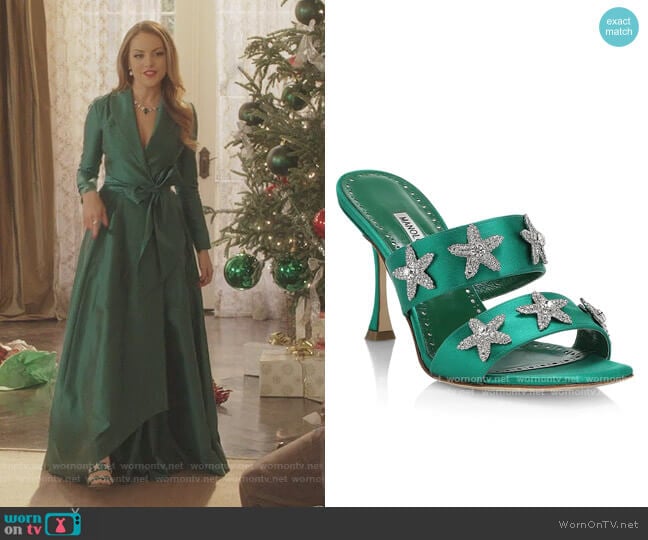 Manolo Blahnik Ostriamu Satin Embellished Mules worn by Fallon Carrington (Elizabeth Gillies) on Dynasty
