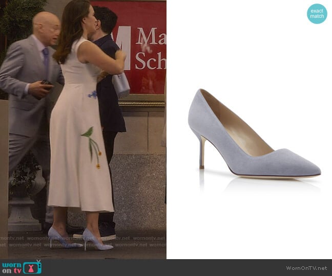 Manolo Blahnik Light Gray Suede Pointed Pumps worn by Charlotte York (Kristin Davis) on And Just Like That